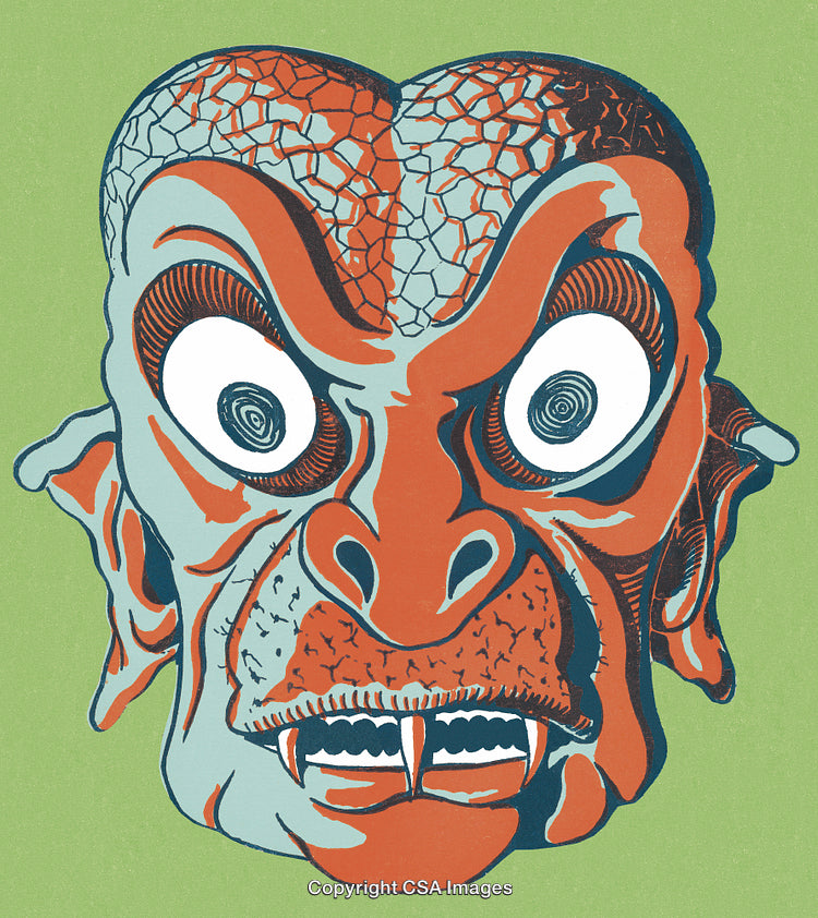 Vivid Illustration of a Mythical Monster Face on Green Background