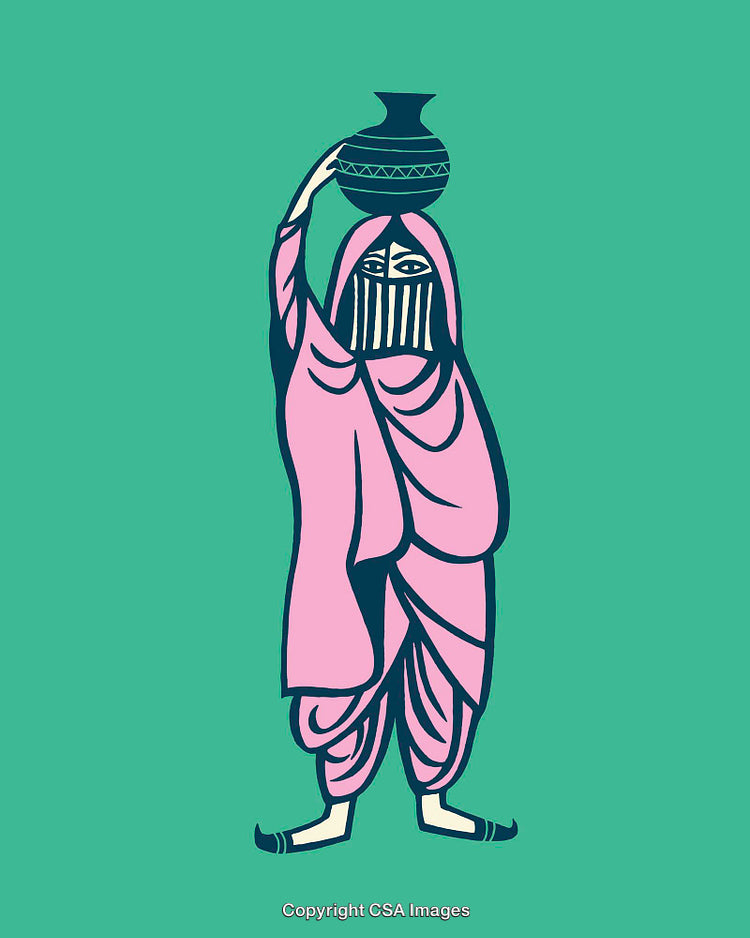 Cultural Line Art Illustration of a Woman Carrying Pot on Head