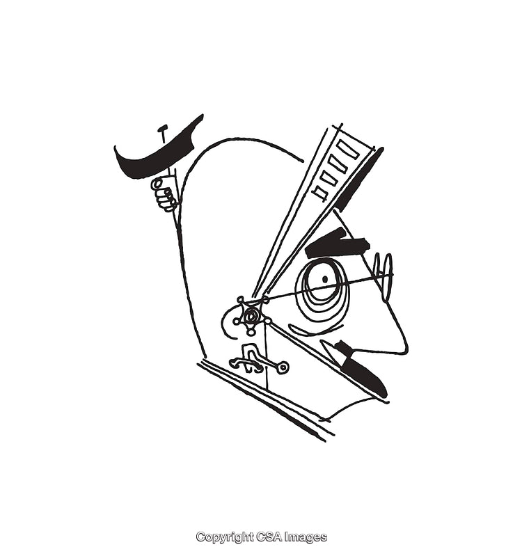 Black and White Abstract Line Art Illustration of a Mechanical Head