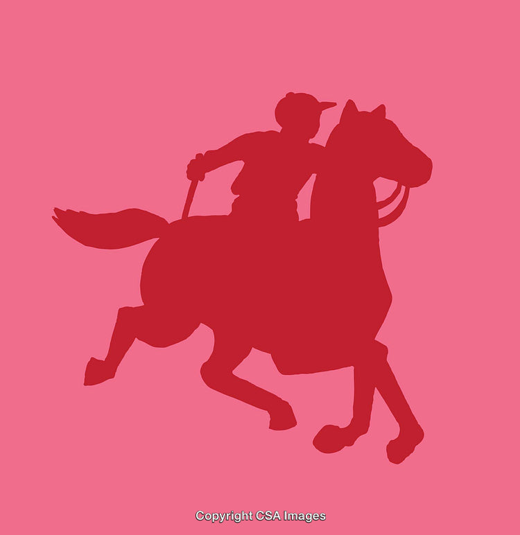 Silhouette of a Horse and Rider in Bold Red on Pink Background