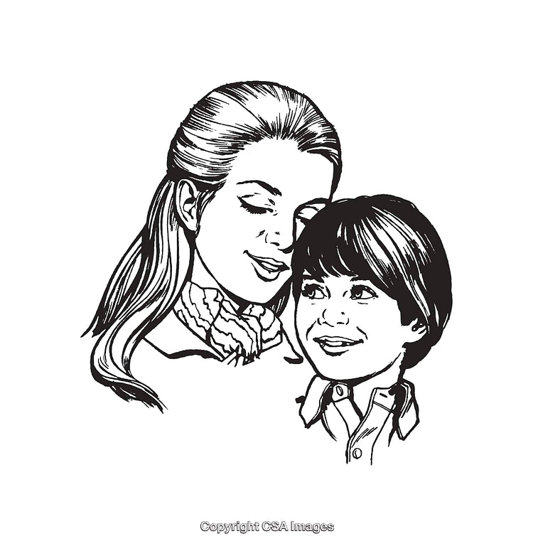 Black and White Illustration of Mother and Child Smiling Together
