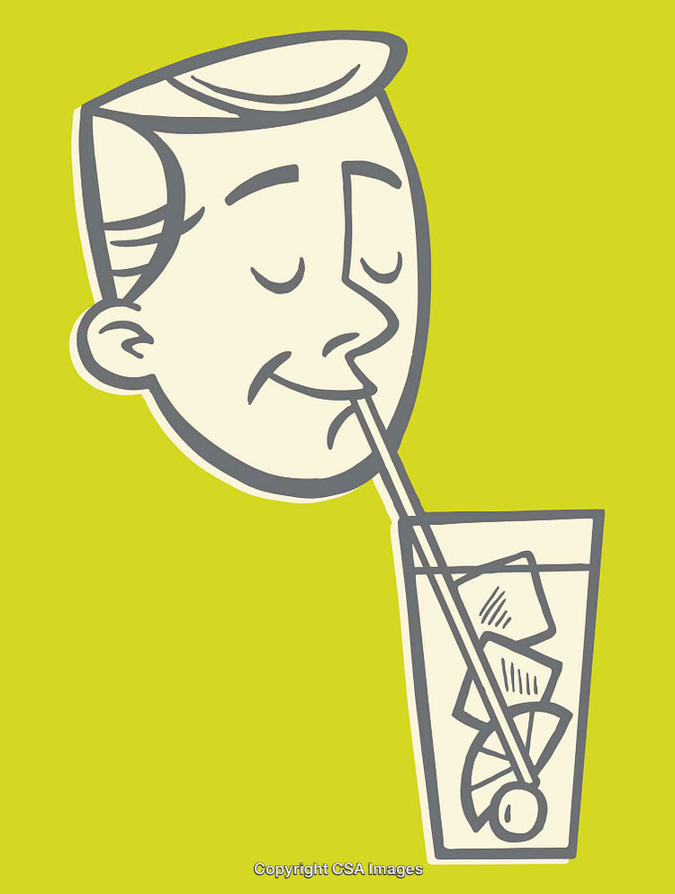 Retro Style Line Art Illustration of Man Sipping Drink with Ice Cubes