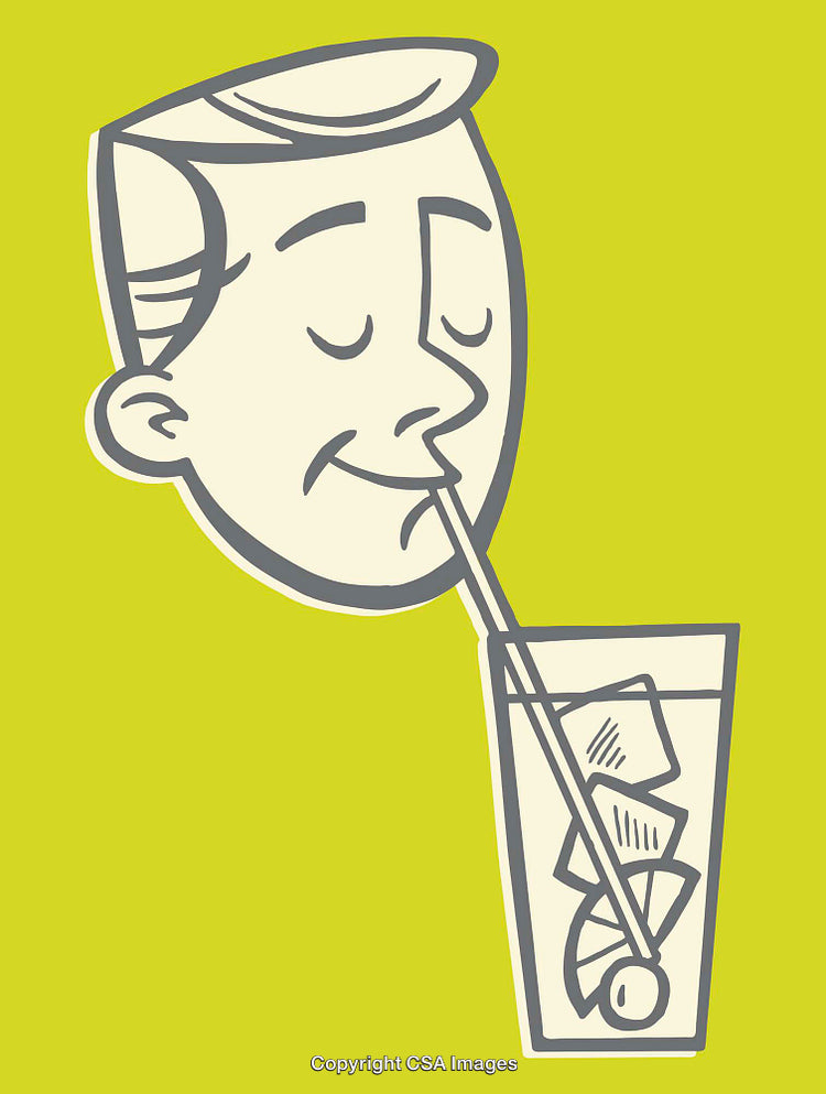 Retro Style Line Art Illustration of Man Sipping Drink with Ice Cubes