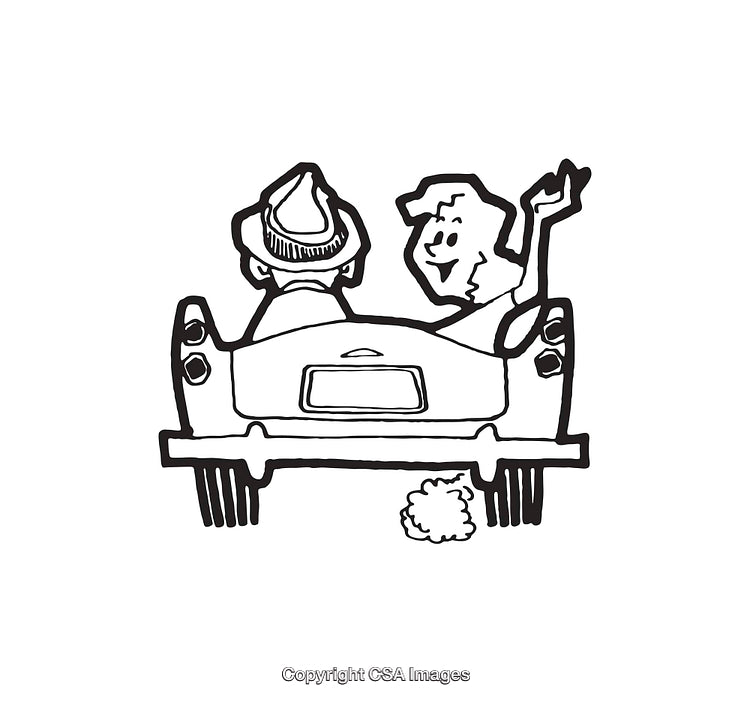 Retro Line Art of Couple Driving in Classic Car, Black and White