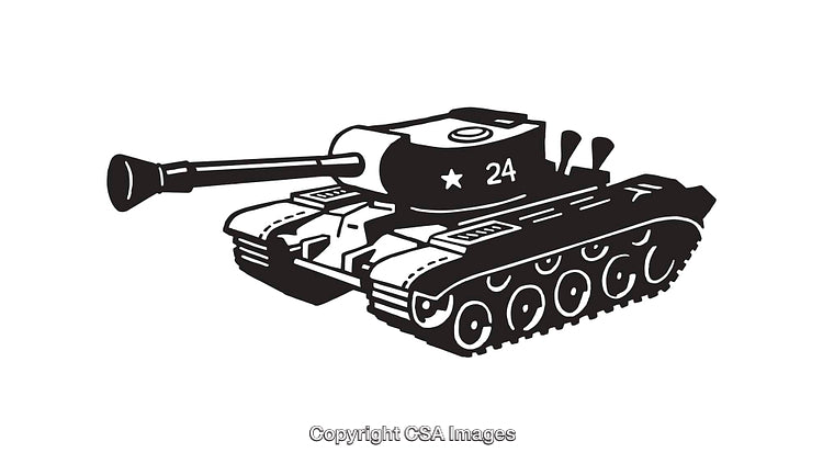 Black and White Line Art Illustration of a Military Tank