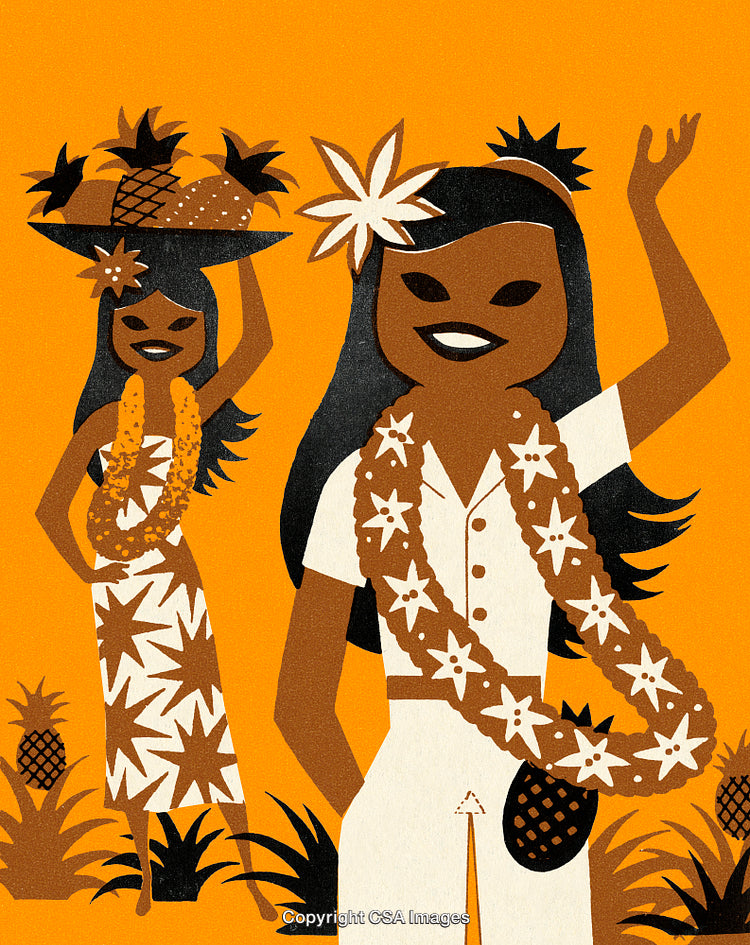 Illustration of Hawaiian Culture with Women, Leis, and Tropical Pineapples