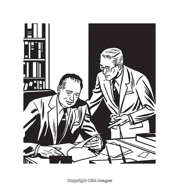 Black and White Illustration of Professionals Collaborating in an Office Setting