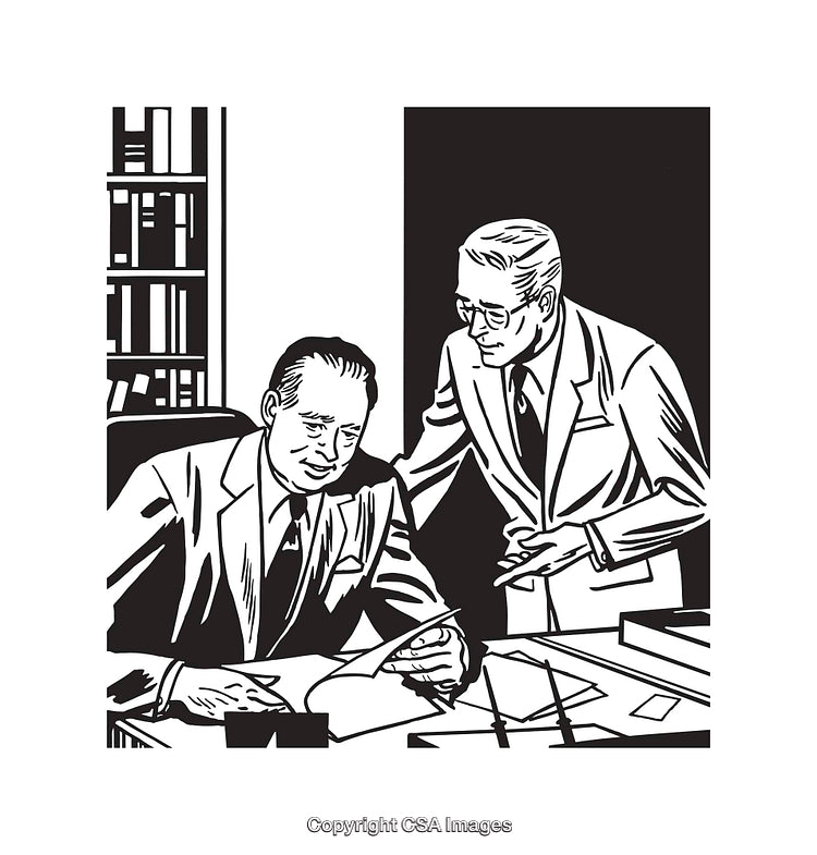 Black and White Illustration of Professionals Collaborating in an Office Setting