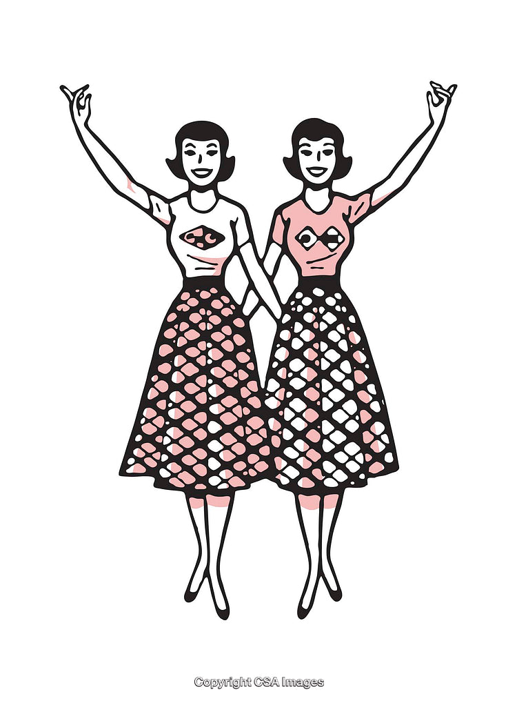 Retro Illustration of Twin Women in Patterned Dresses Posing Together