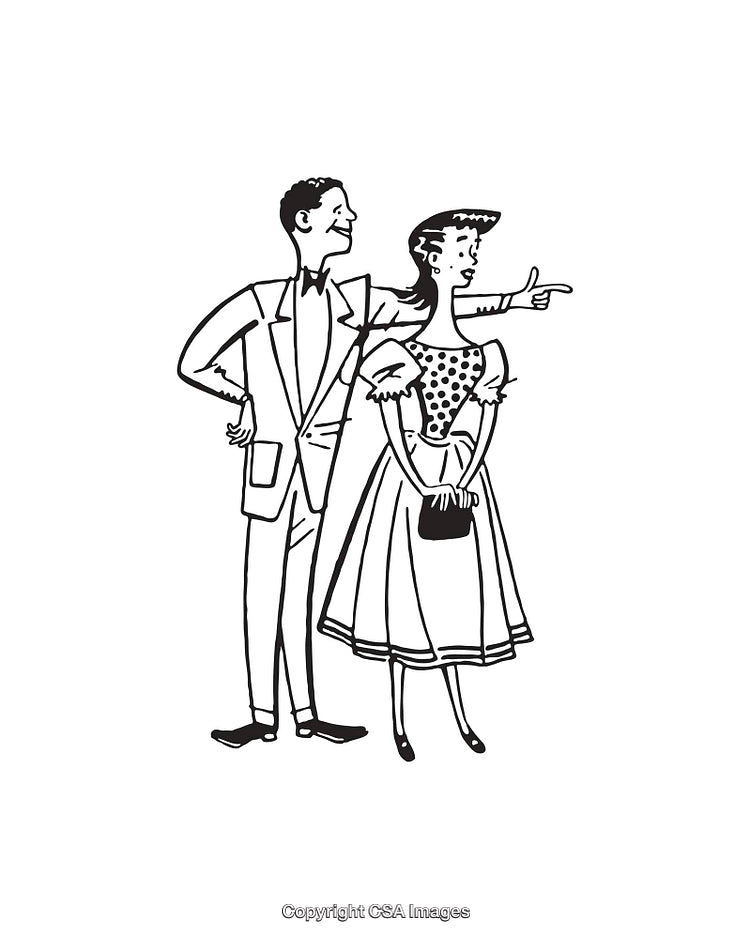 Retro Black and White Illustration of a Well-Dressed Couple in Conversation
