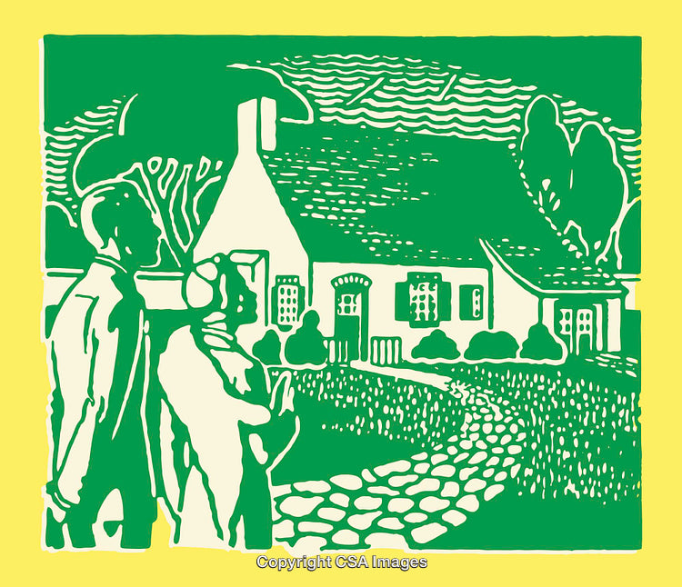 Colorful Line Art of a Couple Visiting a Charming House with Garden Path