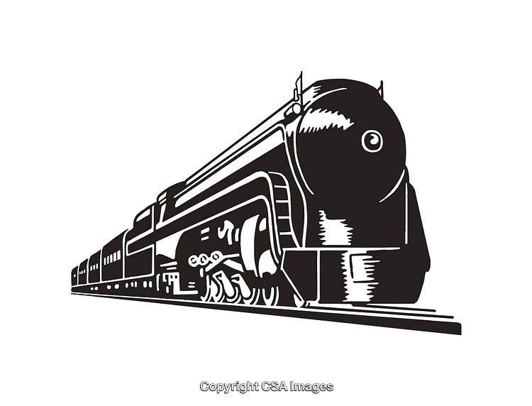 Vintage Black and White Steam Locomotive Line Art Illustration