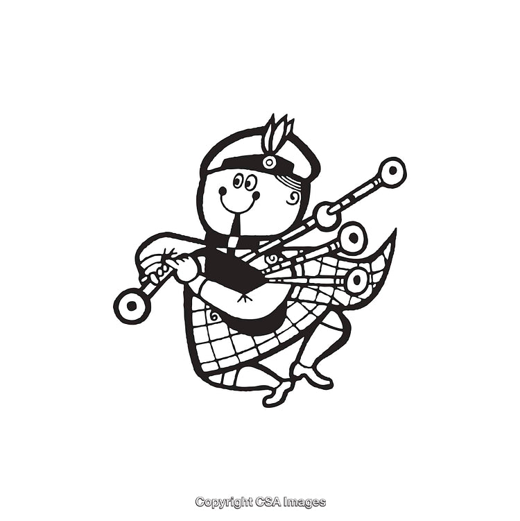 Black and White Illustration of Bagpiper in Traditional Scottish Attire