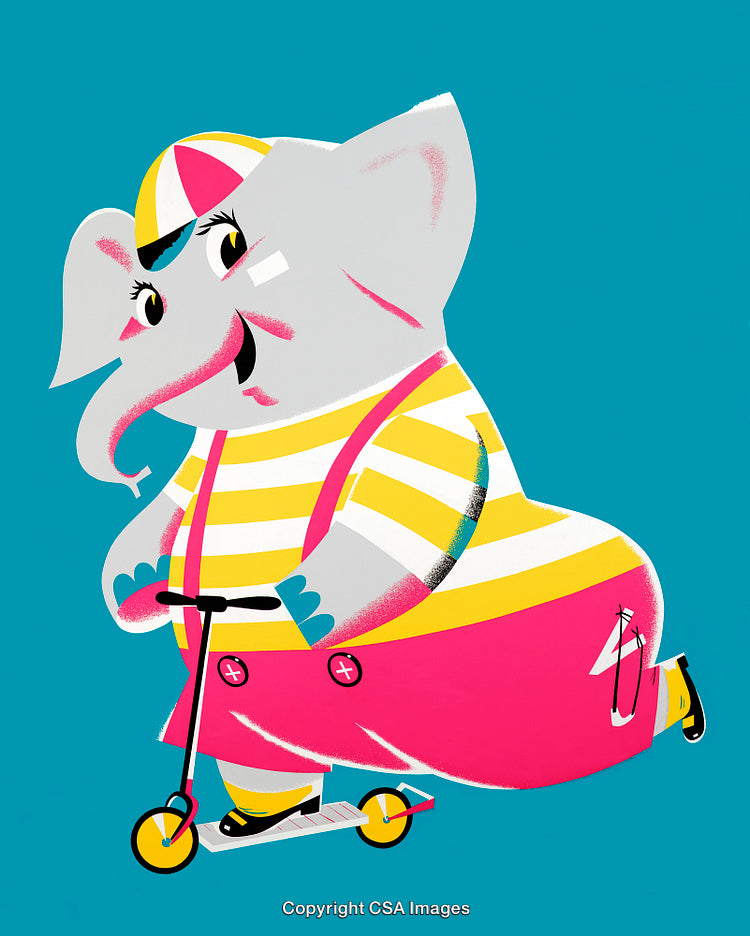 Playful Elephant Riding Scooter in Colorful Cartoon Illustration