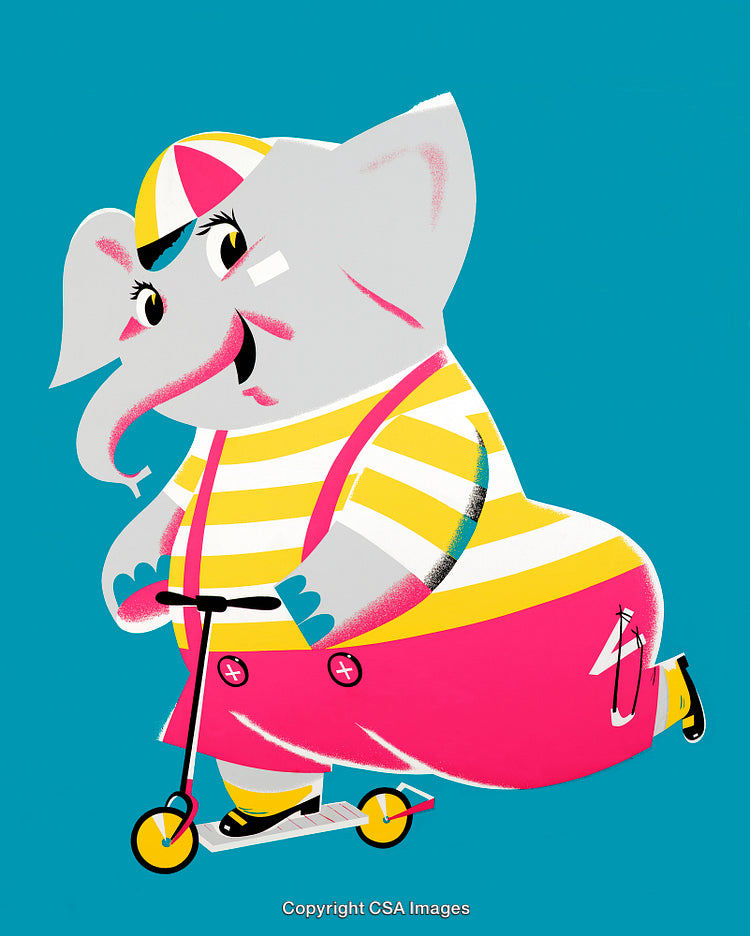 Playful Elephant Riding Scooter in Colorful Cartoon Illustration