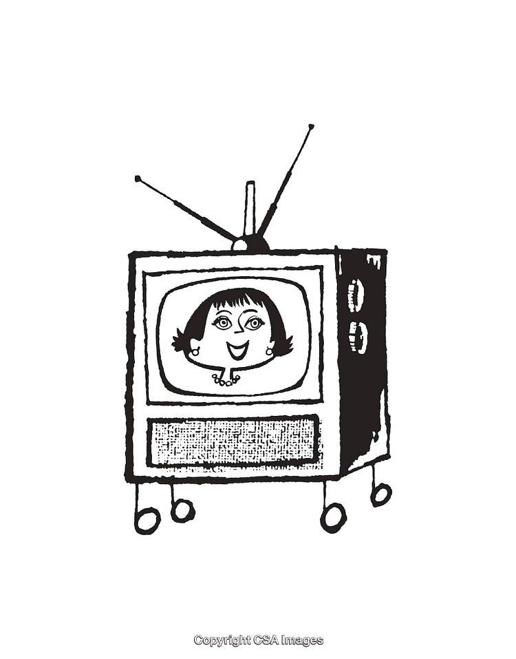 Retro TV Illustration With Cartoon Woman Inside Black and White Drawing