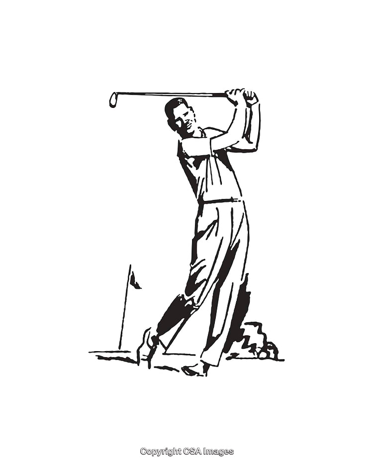 Black and White Illustration of a Golfer Swinging on a Course