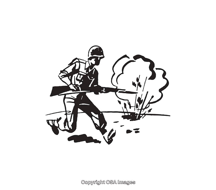Black And White Illustration of a Soldier Amidst an Explosion Scene