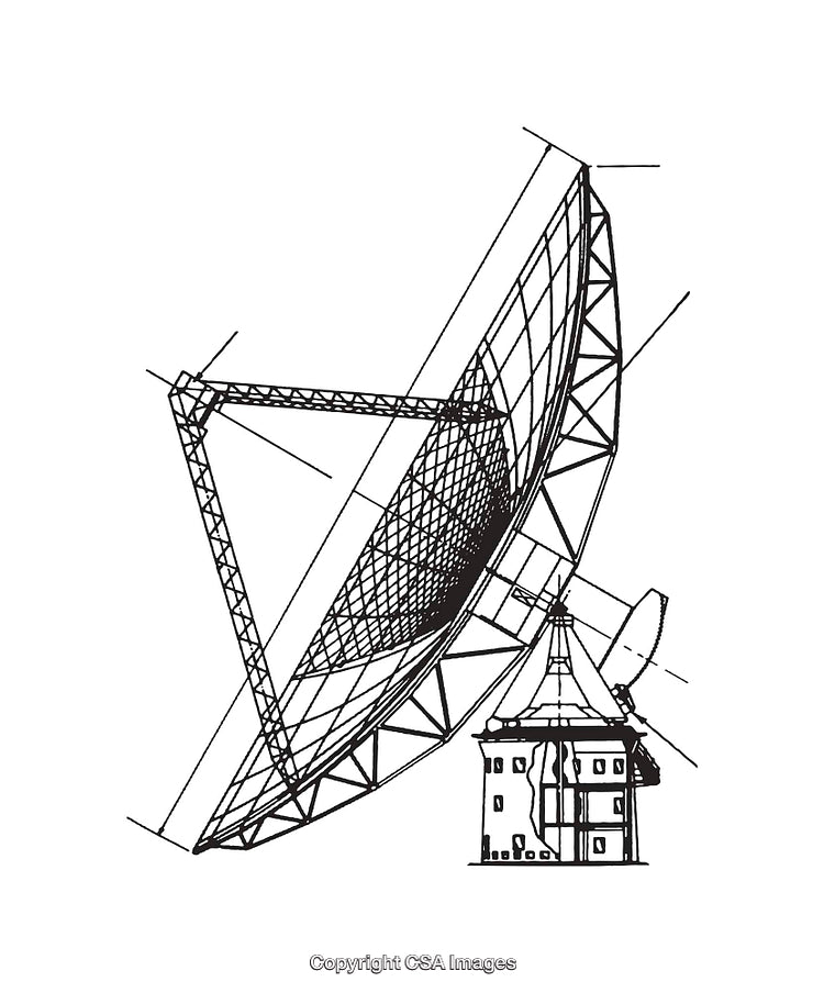 Detailed Black and White Line Art of a Radio Dish Structure