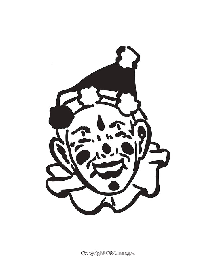 Black and White Line Art Illustration of Laughing Clown with Hat