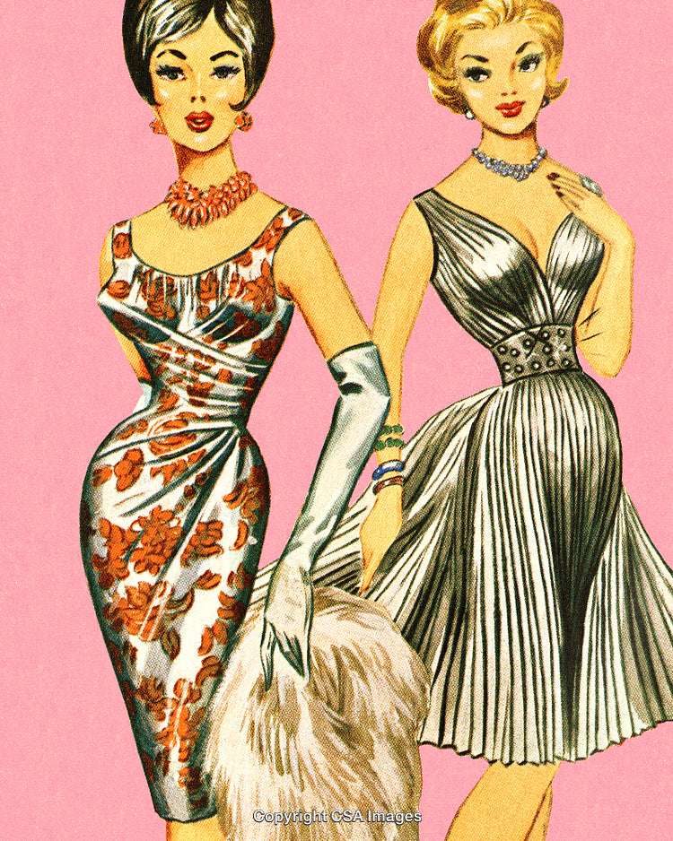 Elegant Retro-Style Fashion Illustration Depicting Two Glamorous Women in Vintage Dresses