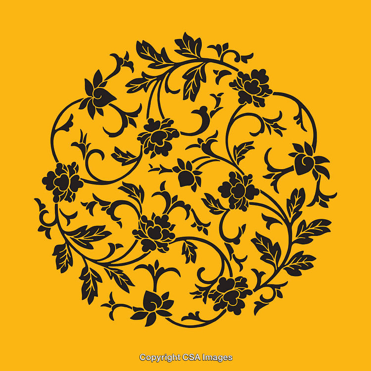 Intricate Floral Illustration of Dark Flowers on a Yellow Background