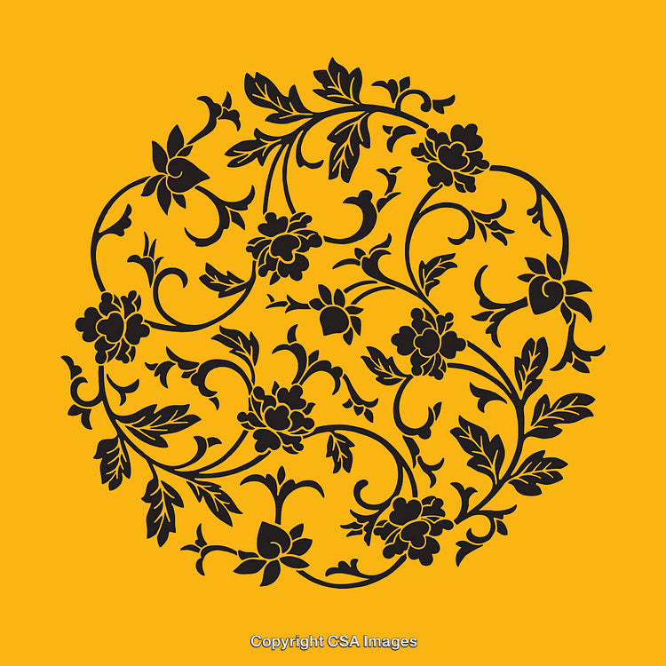 Intricate Floral Illustration of Dark Flowers on a Yellow Background
