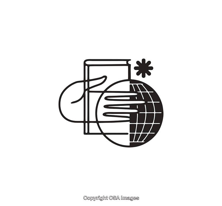 Black and White Line Art Illustrating a Globe, Books, and Symbolic Elements