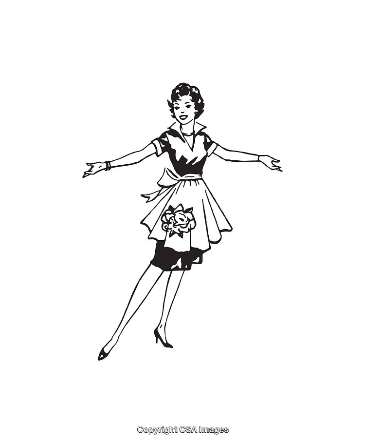 Retro Black and White Illustration of a Cheerful Woman in an Apron