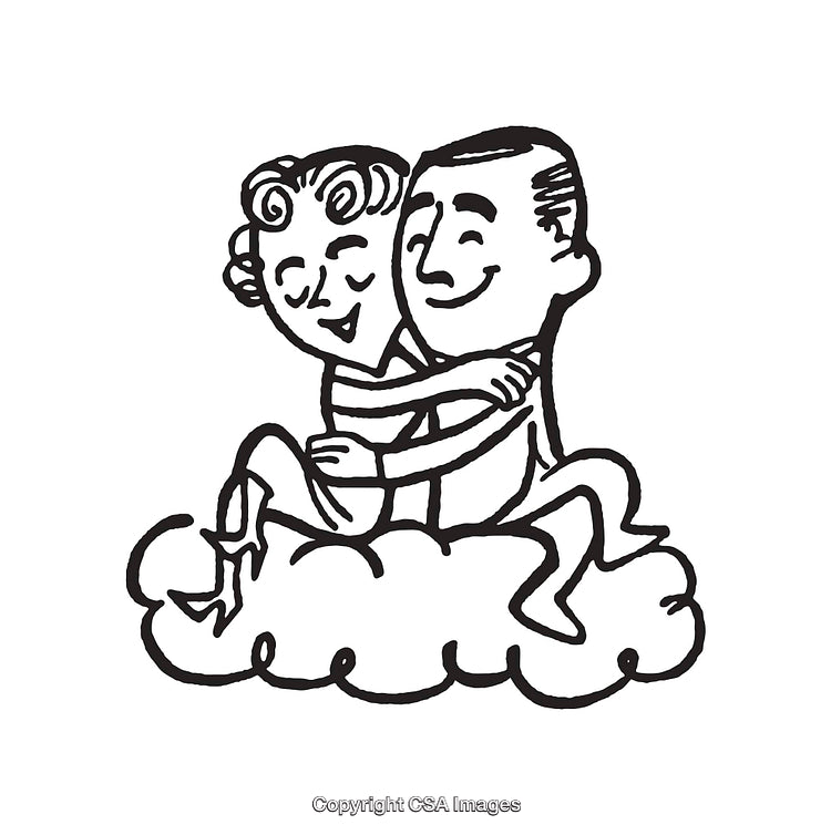 Couple Embracing on Cloud in Retro Line Art Style