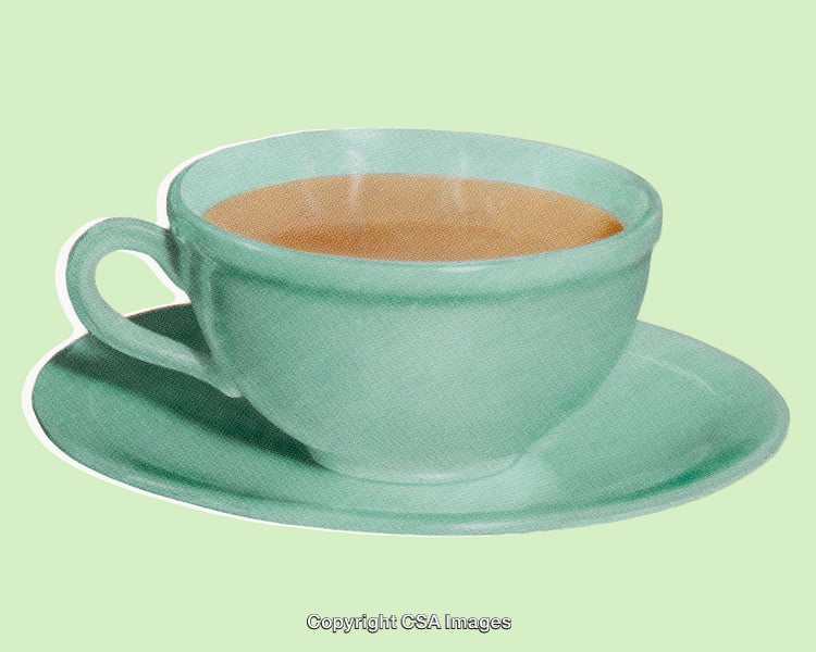 Green Cup of Tea on Pastel Background with Textured Dot Screen Effect