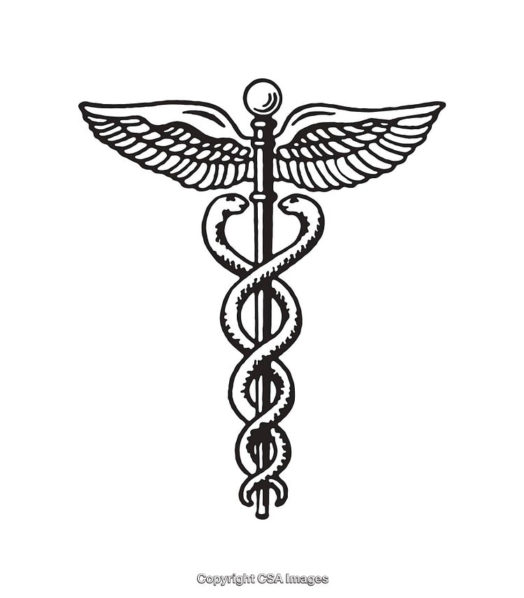 Black and White Caduceus Symbol with Serpent Twists and Wings