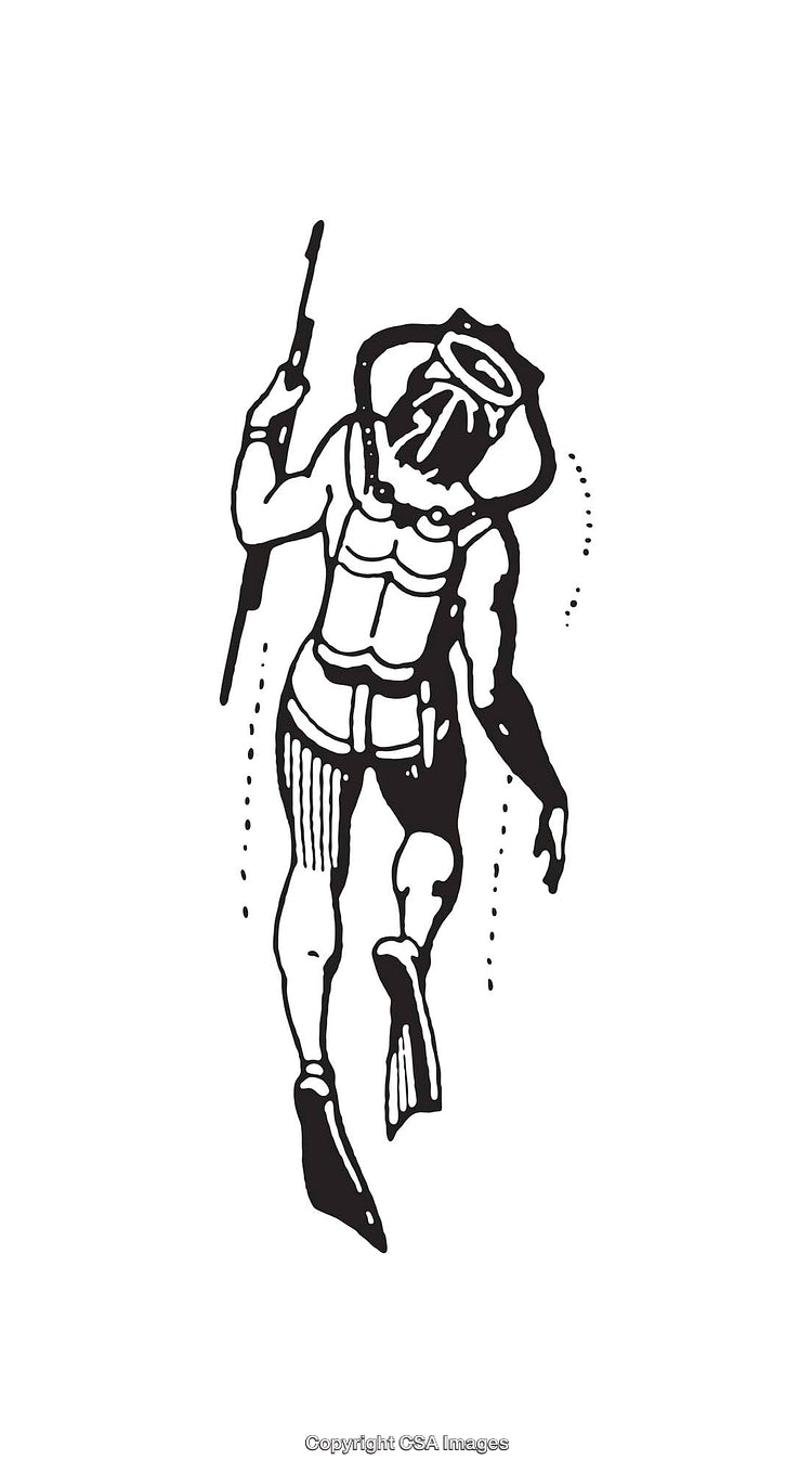Vintage Black and White Line Art of a Diver with Equipment