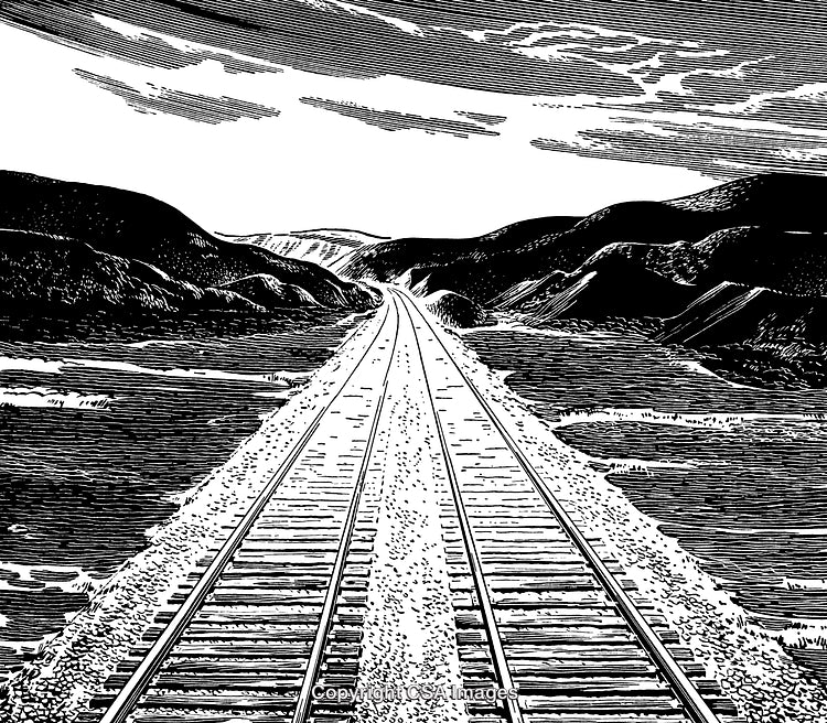 Detailed Black and White Engraving of Railroad Tracks Through Scenic Countryside