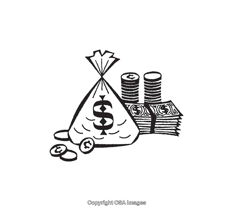 Black and White Line Art Depicting Money and Financial Elements