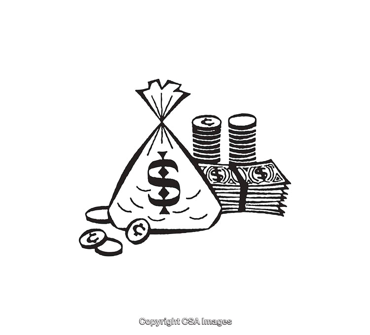 Black and White Line Art Depicting Money and Financial Elements