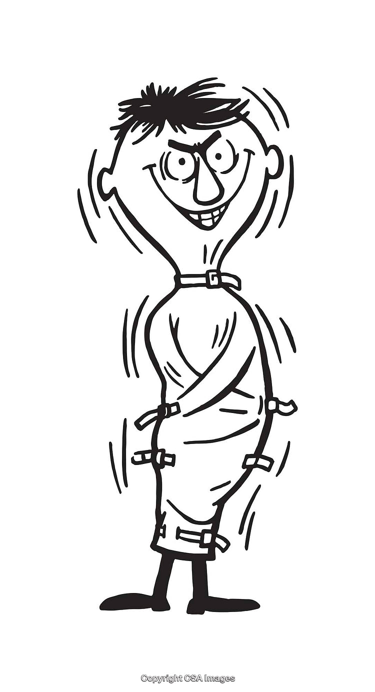 Comical Black and White Drawing of Character in Straightjacket