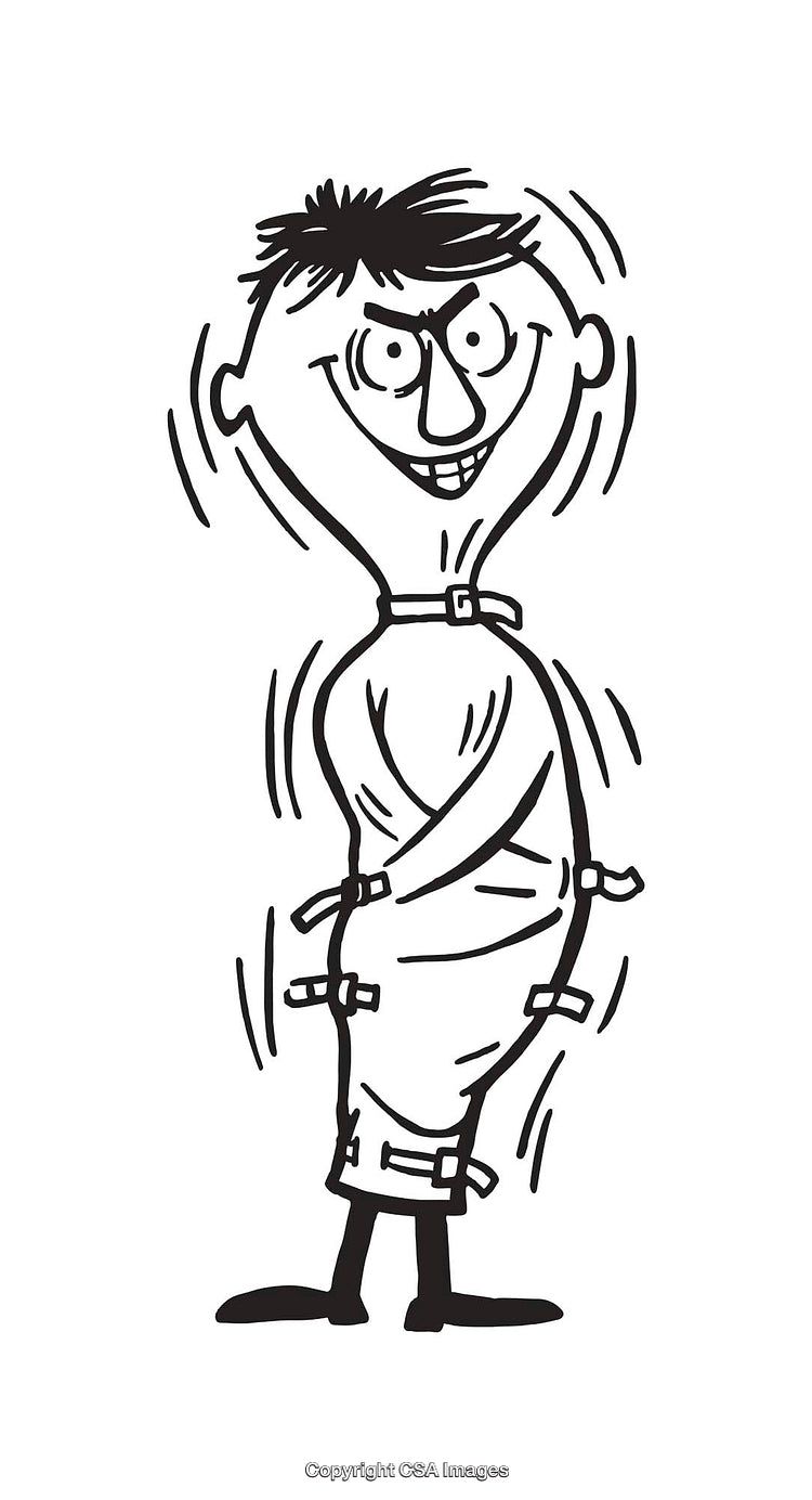 Comical Black and White Drawing of Character in Straightjacket