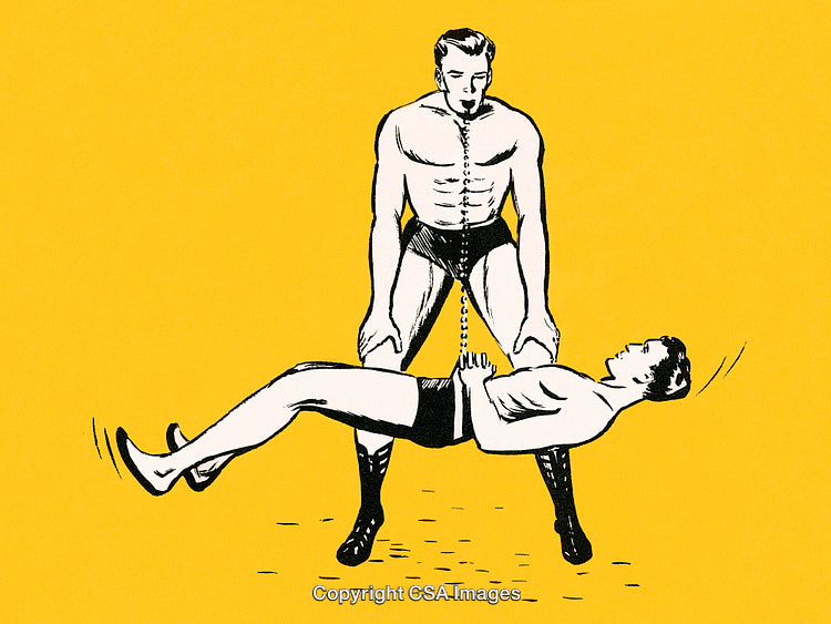 Vintage Illustration of Two Men Performing Circus Acrobatics on Yellow Background