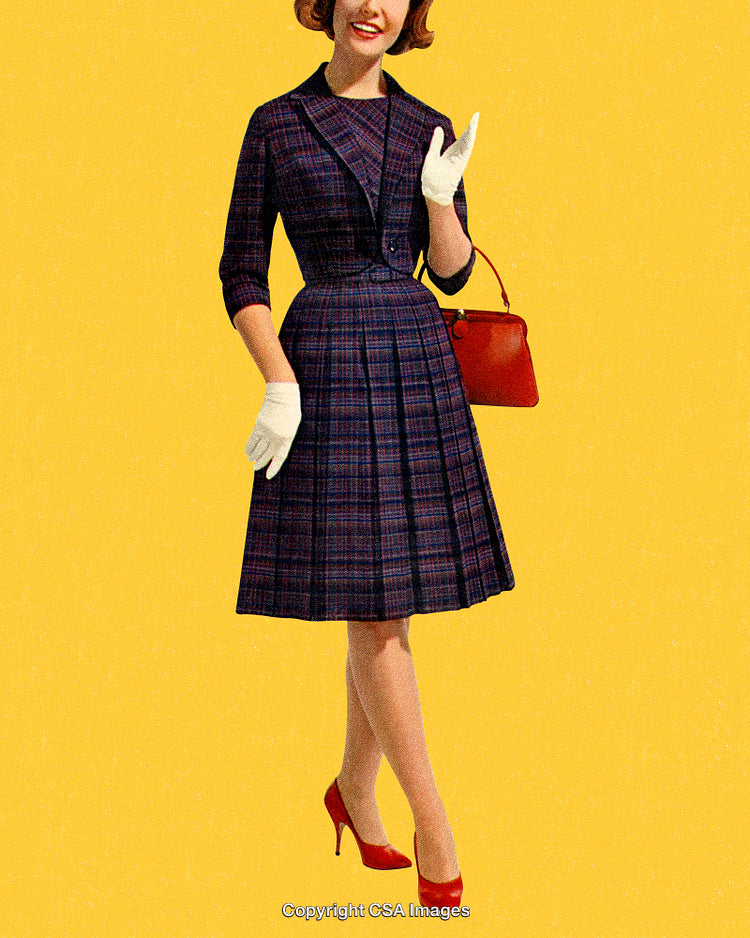 Retro Styled Woman in Plaid Dress on Vibrant Yellow Background