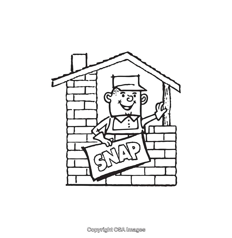 Black and White Line Art of a Builder in a Brick House