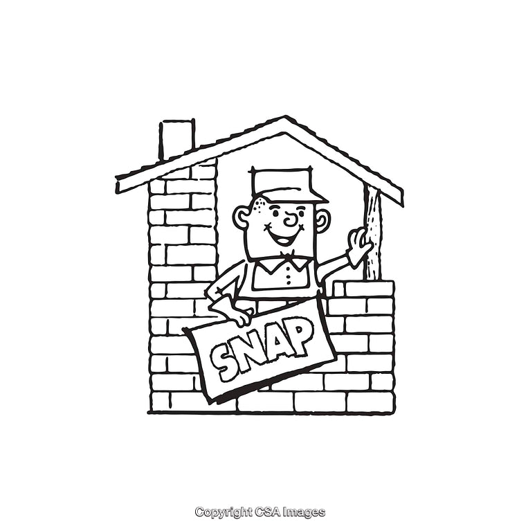 Black and White Line Art of a Builder in a Brick House
