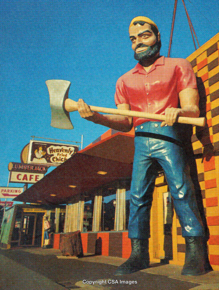 Vibrant Retro Lumberjack Statue Outside Rustic Cafe With Bold Colors