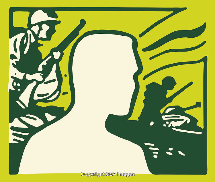 Silhouette of a Figure Amid Military and War Iconography in Line Art