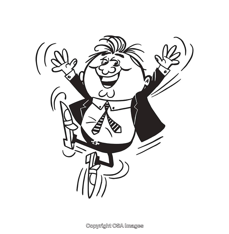 Excited Businessman Jumping with Joy in Black and White Line Art