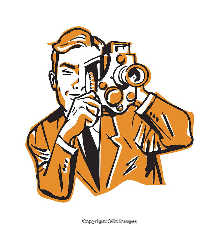 Illustration of a Man Operating a Vintage Videocamera in Orange Tones