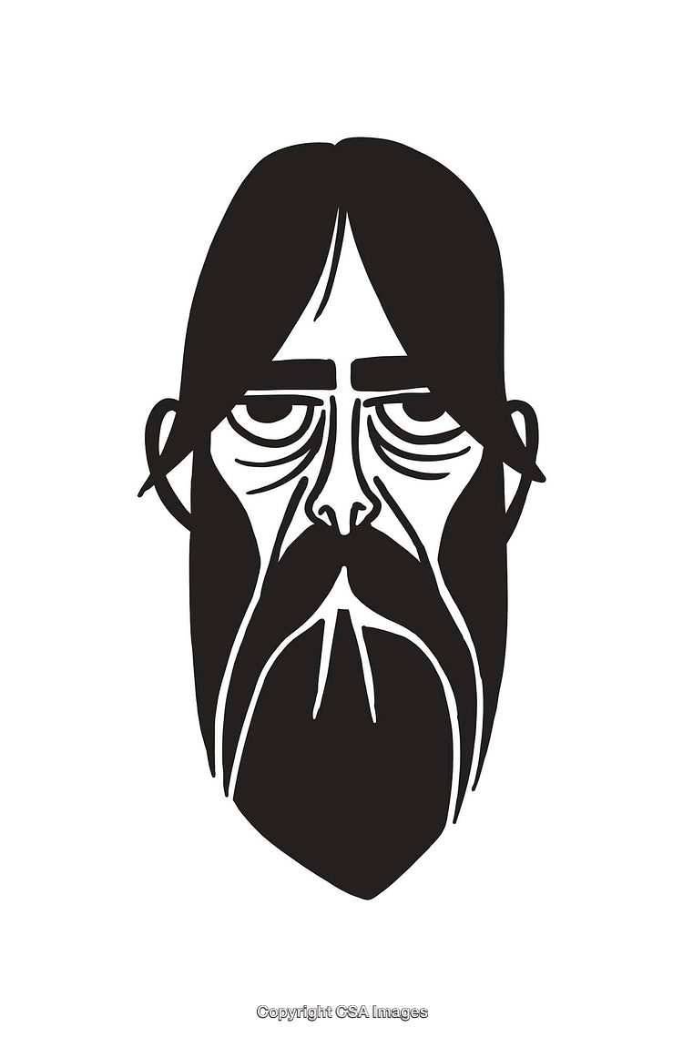 Black and White Line Art Illustration of a Serious Bearded Face