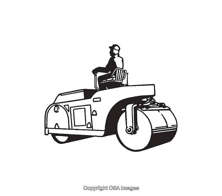 Black and White Line Art of Worker Driving a Road Roller