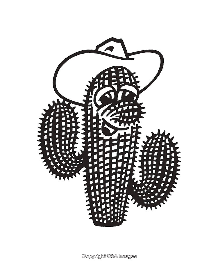 Playful Cartoon Cactus Character Wearing a Cowboy Hat in Line Art Style