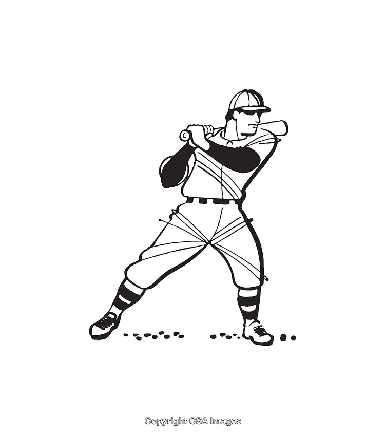 Black and White Line Art of Baseball Player Preparing to Swing Bat